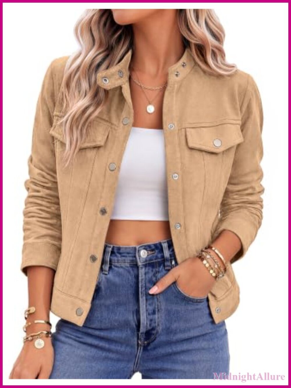 Faux Suede Cropped Jacket Snap Button Lapel Collar Casual Fall Coat